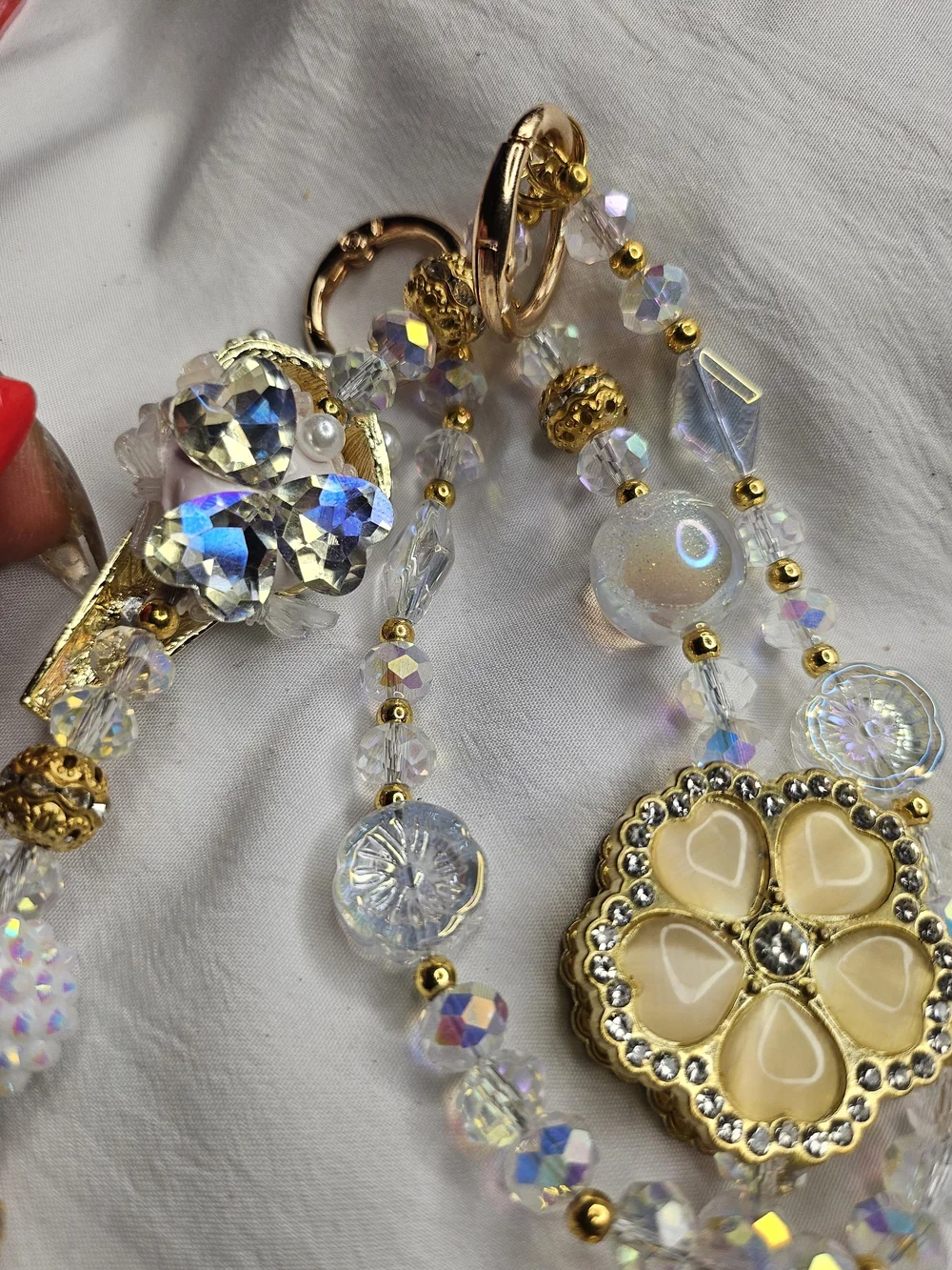 Gold & Cream Beaded Bag Charm and Pendant Chain by